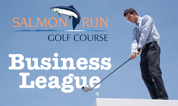 Business League headline on image of man hitting golf ball off of a business building roof