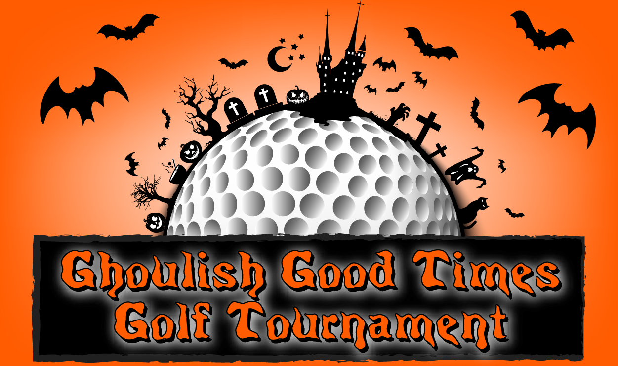 Image of golf ball with bats flying and a grave yard with headline Ghoulish Good Times Tournament